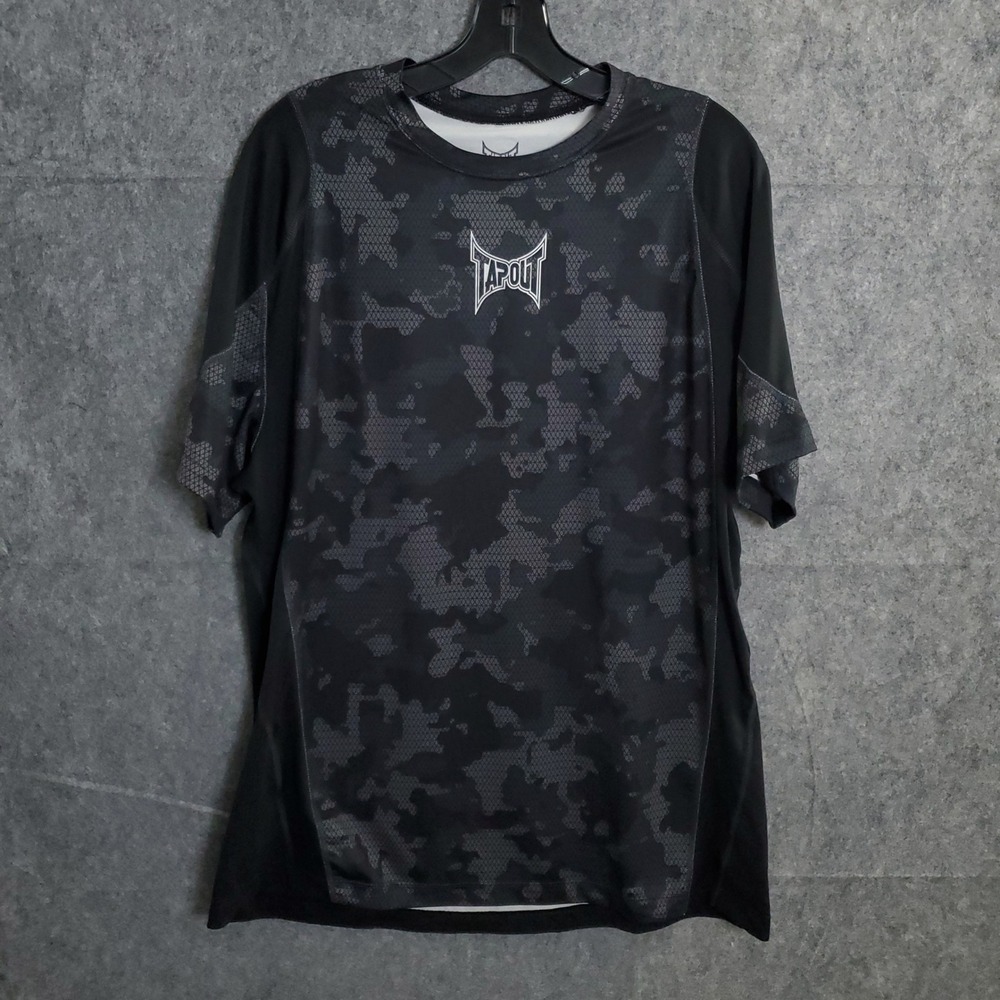 TAPOUT Mens Activewear Performance Shirt Sz XL Black Camouflage Athletic Top